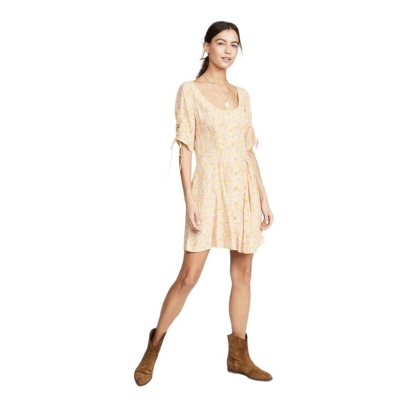 FREE PEOPLE Revolve Yellow Floral Laced Up Mini Dress Button Front Small - Picture 2 of 14